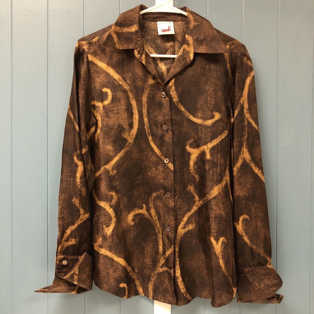 Vintage MONDI Brown Swirl Print 100% Silk Button Down Women’s M Blouse Top 36